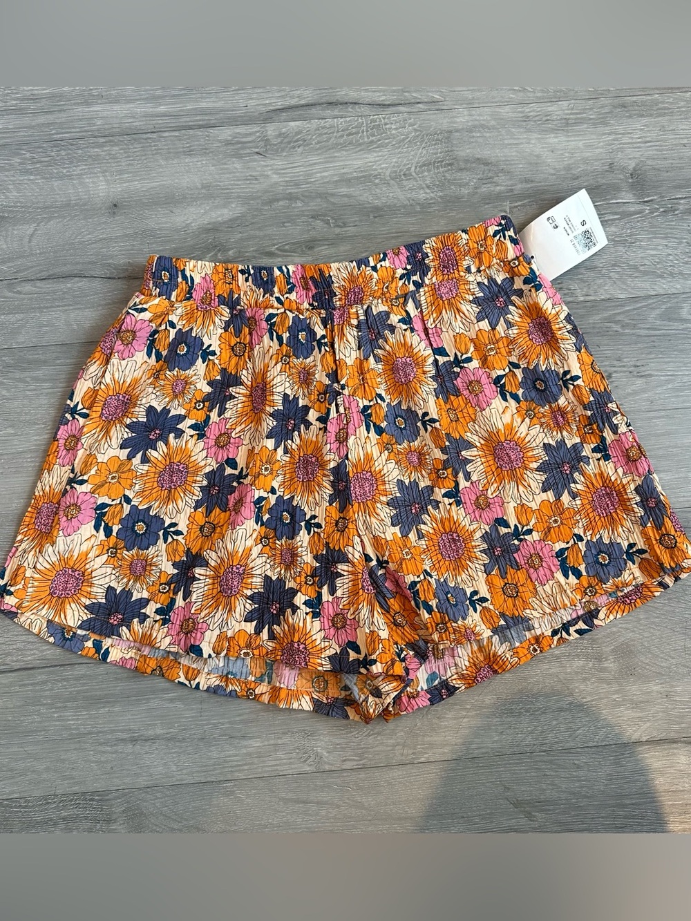 Forever 21 Orange Navy Pink Floral Elastic-Waist Shorts